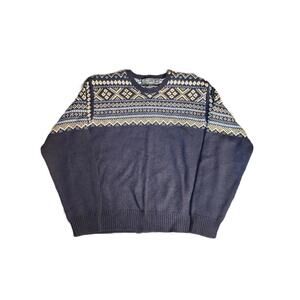 Vintage Polo Ralph Lauren Fair Isle Nordic 100% Wool Pattern Blue Sweater XXL